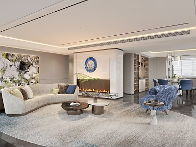 Modern Living and Dining Room Interior Design With Sofa Fireplace Artwork Blue Chairs Dining Table 3d model