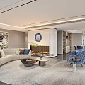 Modern Living and Dining Room Interior Design With Sofa Fireplace Artwork Blue Chairs Dining Table
