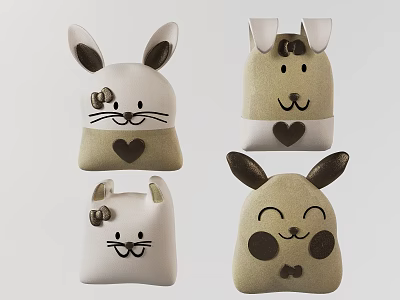 Cute Animal Shaped Pillows With Beige White Colors And Heart Designs 3d model