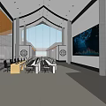 Modern Public Office Space with Long Tables Chairs Arched Ceiling and Large Glass Windows