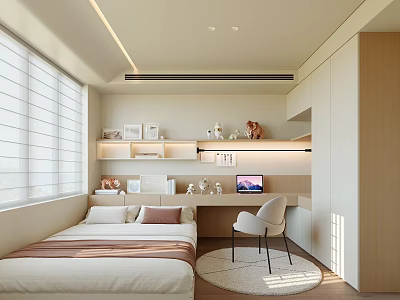 Tatami Bedroom Interior Design With Bed Desk Chair Shelf Window Blinds And Lighting 3d model