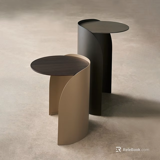 Two Modern Side Tables in Beige and Black with Curved Legs and Round Wooden Tops 3d model 