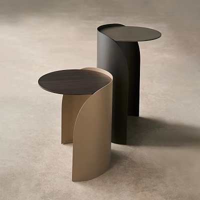 Two Modern Side Tables in Beige and Black with Curved Legs and Round Wooden Tops 3d model