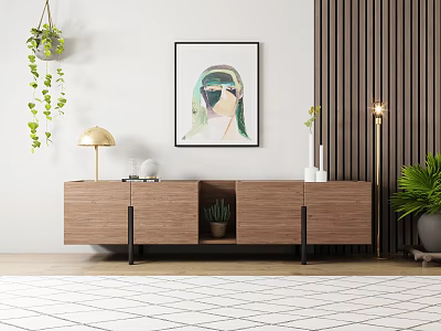 Modern Wooden TV Stand With Decorative Items Painting And Green Plants 3d model