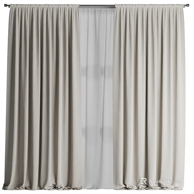 Beige Layered Curtains With Sheer Inner Panel And Elegant Draped Design 3d model 