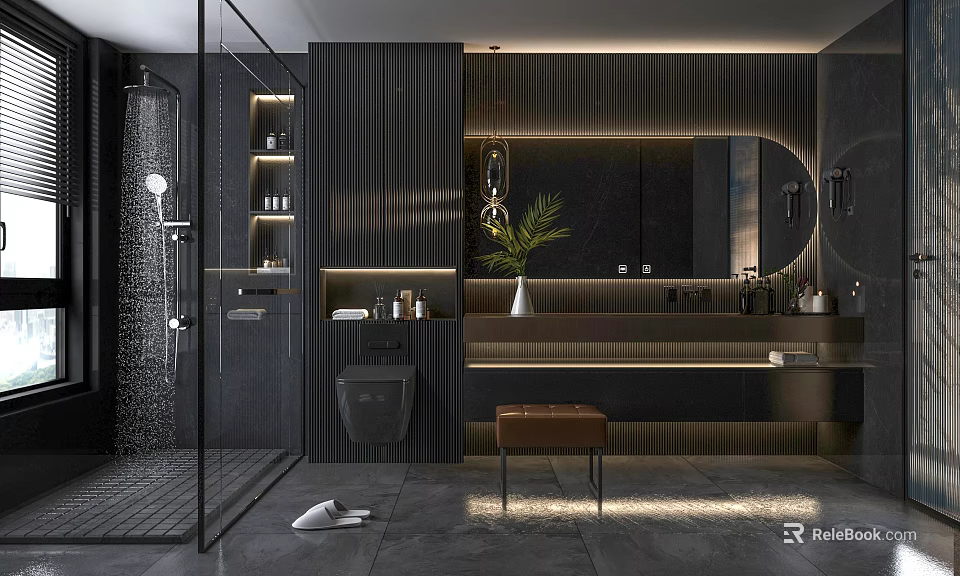 Luxury Modern Dark Tone Bathroom With Warm Ambient Lighting And High End Bath Fixtures 3d model 