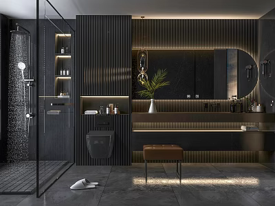 Luxury Modern Dark Tone Bathroom With Warm Ambient Lighting And High End Bath Fixtures 3d model