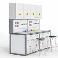 Laboratory Workbench Setup With Upper Cabinets Warning Signs Reagent Bottles And Stools