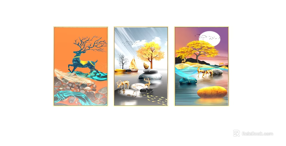 Three Panel Decorative Paintings With Deer Trees Moon And Natural Scenery 3d model