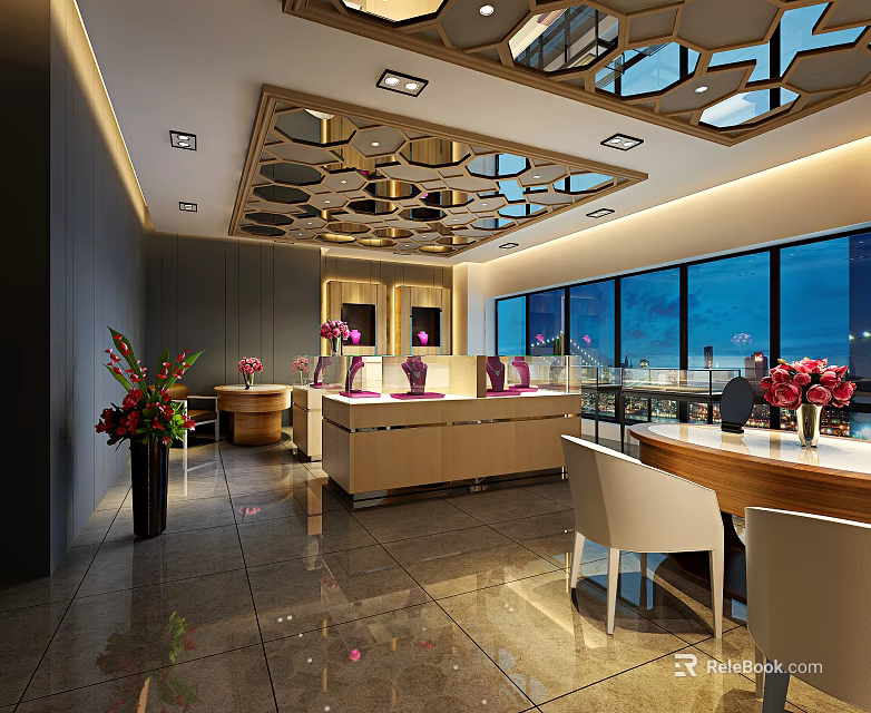 Modern Jewelry Store Interior With Geometric Ceiling Luxury Display Counters And Flower Decorations 3d model 