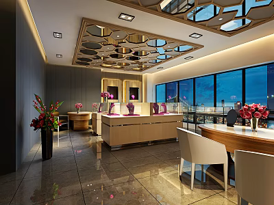 Modern Jewelry Store Interior With Geometric Ceiling Luxury Display Counters And Flower Decorations 3d model