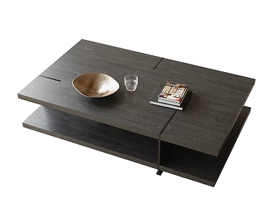 Modern Dark Wood Coffee Table With Golden Bowl Glass Cup And Books In Living Room 3d model