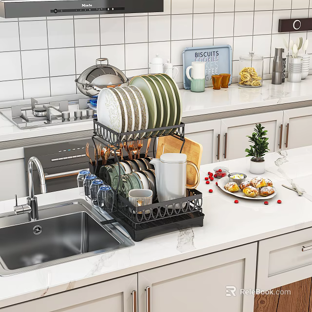Black Two Tier Kitchen Dish Drying Rack With Plates Cups And Cutting Board On Countertop 3d model 