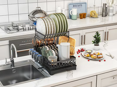 Black Two Tier Kitchen Dish Drying Rack With Plates Cups And Cutting Board On Countertop 3d model