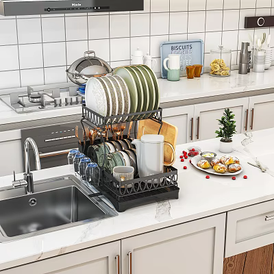 Black Two Tier Kitchen Dish Drying Rack With Plates Cups And Cutting Board On Countertop 3d model