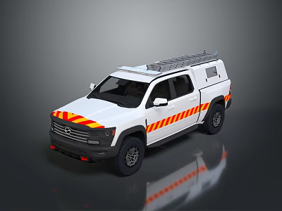 White Utility Truck With Orange Yellow Reflective Stripes And Roof Rack 3d model
