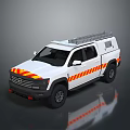 White Utility Truck With Orange Yellow Reflective Stripes And Roof Rack