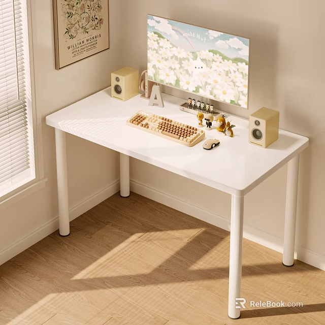 Bright Study Room Interior With White Desk Keyboard Speakers Wall Art And Window Blinds 3d model 