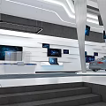 Modern Tech Interior With Central Metal Display Column LED Screens White Counters Blue Lighting Lines 3d model