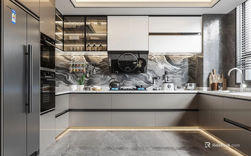 Modern Kitchen Interior Design With Island Marble Backsplash Cabinets And Built In Appliances 3d model 