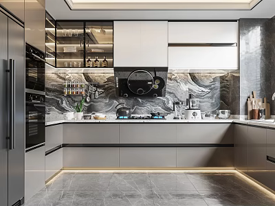Modern Kitchen Interior Design With Island Marble Backsplash Cabinets And Built In Appliances 3d model