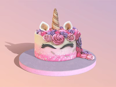 Colorful Unicorn Cake Decorated With Pink Purple Roses Unicorn Ears Golden Horn And Eyelashes 3d model