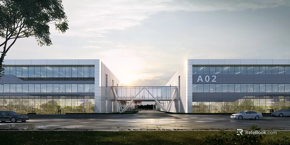 Modern Industrial Factory Building With Glass Curtain Walls A02 Signage And Connecting Corridor Spacious Entrance 3d model 