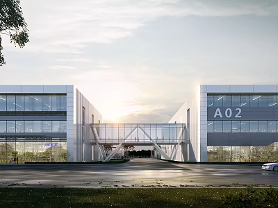 Modern Industrial Factory Building With Glass Curtain Walls A02 Signage And Connecting Corridor Spacious Entrance 3d model