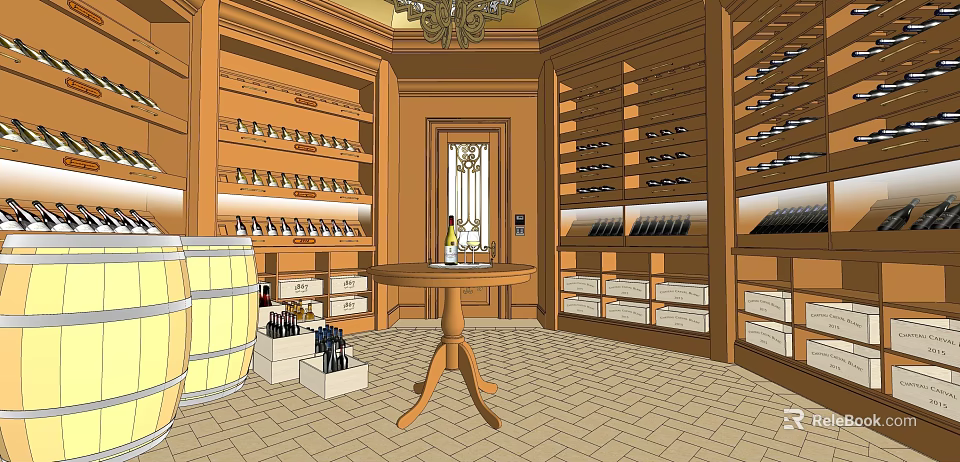 Wooden Wine Cellar Style Café Interior With Wine Racks Barrel Round Table And Chandelier 3d model 