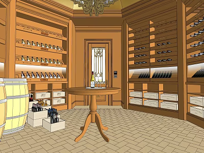 Wooden Wine Cellar Style Café Interior With Wine Racks Barrel Round Table And Chandelier 3d model