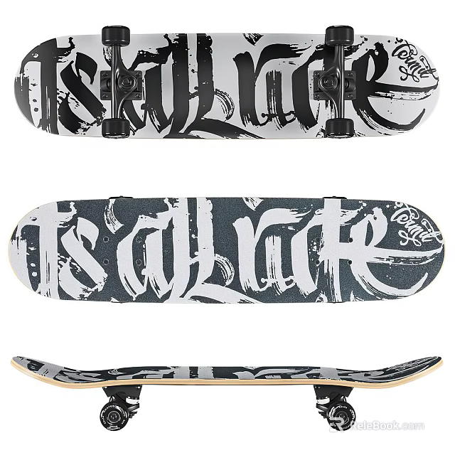 Stylish Skateboard Sports Equipment With Black White Graphic Design And Artistic Lettering 3d model 