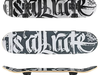 Stylish Skateboard Sports Equipment With Black White Graphic Design And Artistic Lettering 3d model