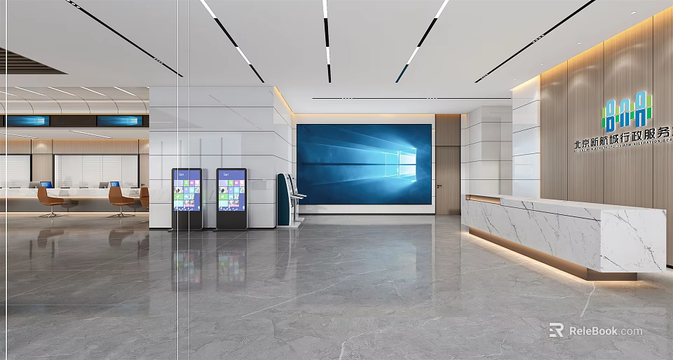 Modern Service Hall Interior With Self Service Kiosks Reception Desk And Bright Spacious Space 3d model 