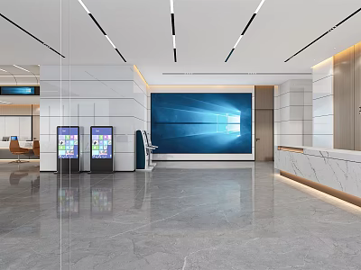 Modern Service Hall Interior With Self Service Kiosks Reception Desk And Bright Spacious Space 3d model