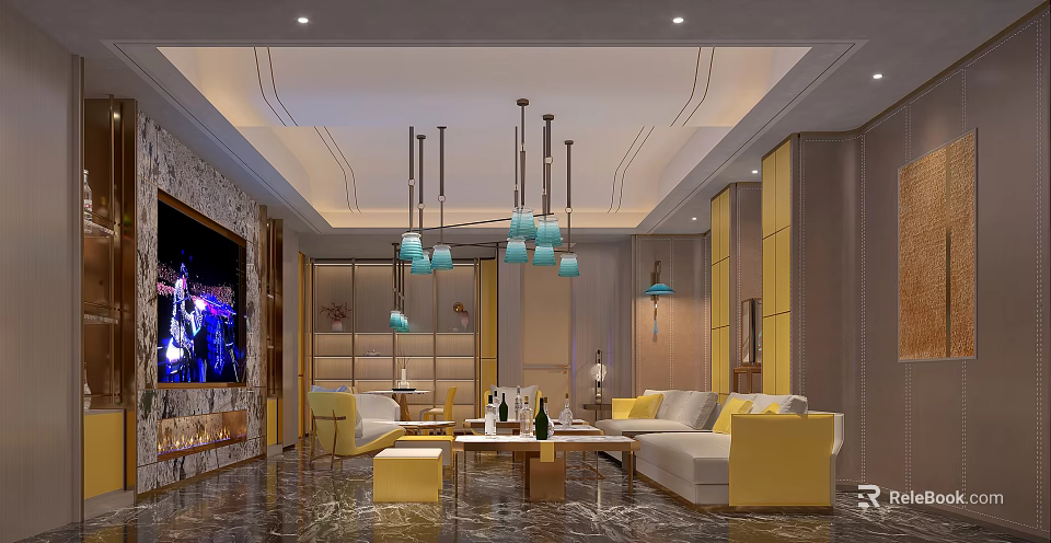 Modern KTV Interior Design With Comfortable Sofas LED Lighting And Large Screen 3d model