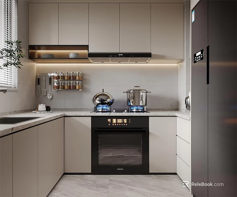 Modern Kitchen Interior With Light Gray Cabinets Black Oven And Range Hood 3d model