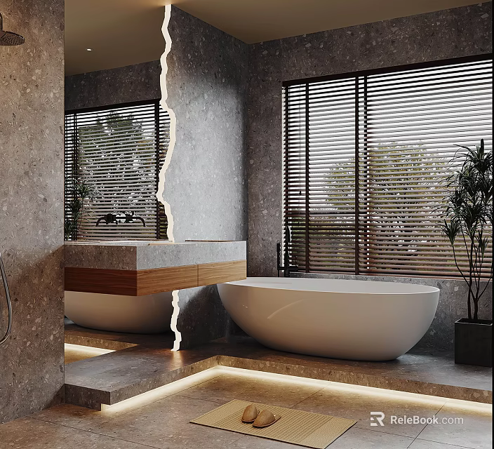 Elegant Modern Bathroom Interior With Marble Walls Freestanding Bathtub Wooden Countertop And Blinds 3d model 