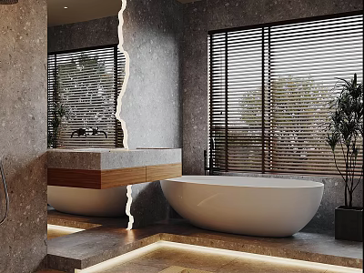 Elegant Modern Bathroom Interior With Marble Walls Freestanding Bathtub Wooden Countertop And Blinds 3d model