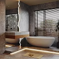 Elegant Modern Bathroom Interior With Marble Walls Freestanding Bathtub Wooden Countertop And Blinds