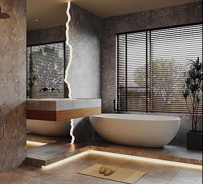 Elegant Modern Bathroom Interior With Marble Walls Freestanding Bathtub Wooden Countertop And Blinds 3d model