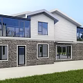Modern Detached Villa With Large Glass Windows Stone Wall And Green Lawn