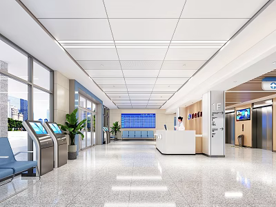 Hospital Outpatient Clinic Lobby with Self Service Kiosks Reception Desk Seats and Plants 3d model