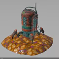 Red Green Mechanical Creature Character Standing On Orange Pink Organic Platform
