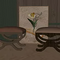 Wooden Carved Benches With Pink And Beige Upholstered Seats By Green Curtain And Floral Painting