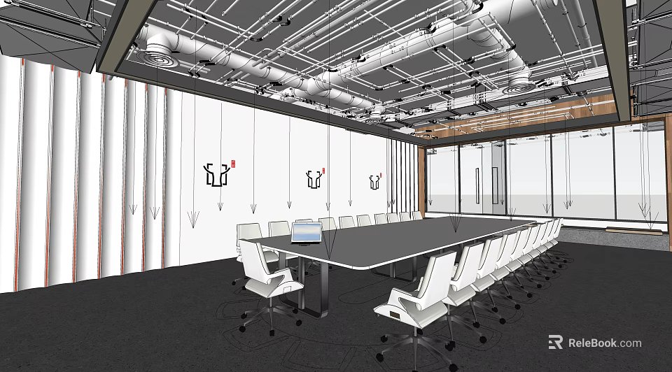Modern Conference Room With Large Table White Office Chairs Projector And Glass Windows 3d model 