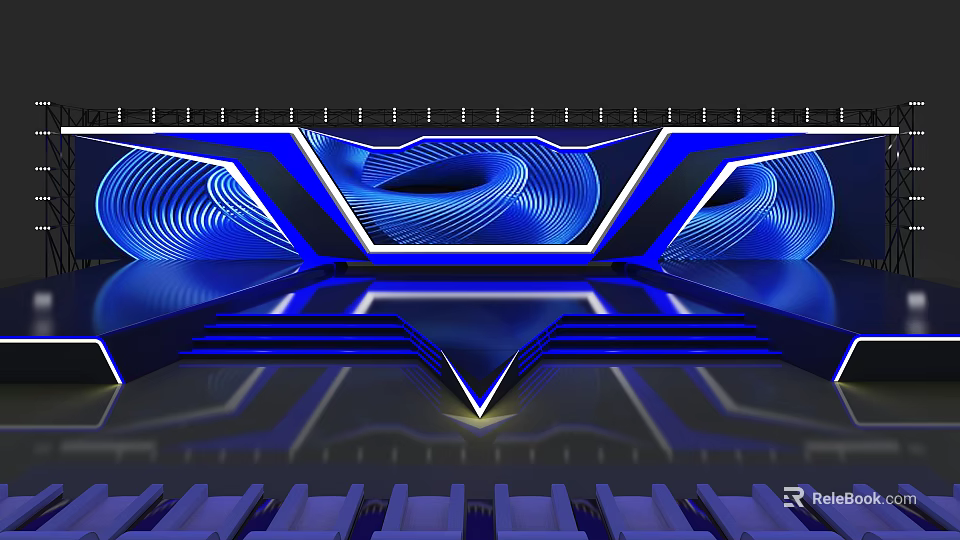 Modern Stage Design With Blue Lighting Geometric Patterns Steps And Audience Seats 3d model 