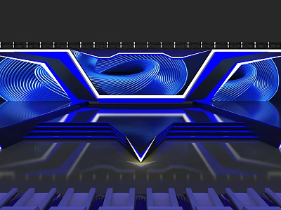 Modern Stage Design With Blue Lighting Geometric Patterns Steps And Audience Seats 3d model