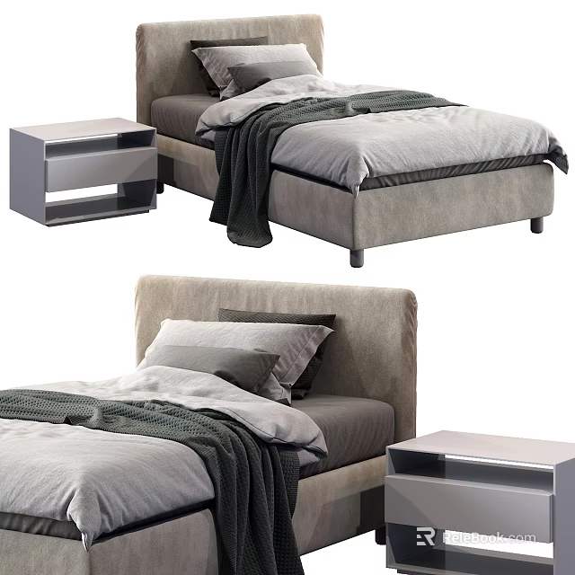 Modern Upholstered Single Bed With Gray Bedding Nightstand And Soft Blanket 3d model 