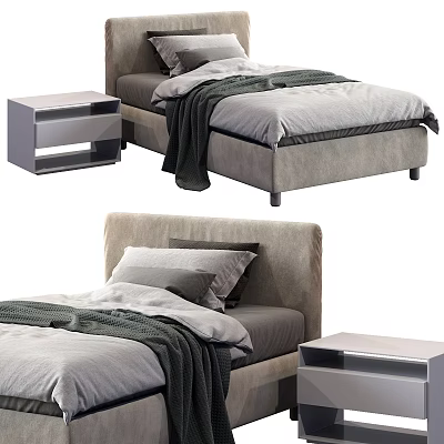 Modern Upholstered Single Bed With Gray Bedding Nightstand And Soft Blanket 3d model