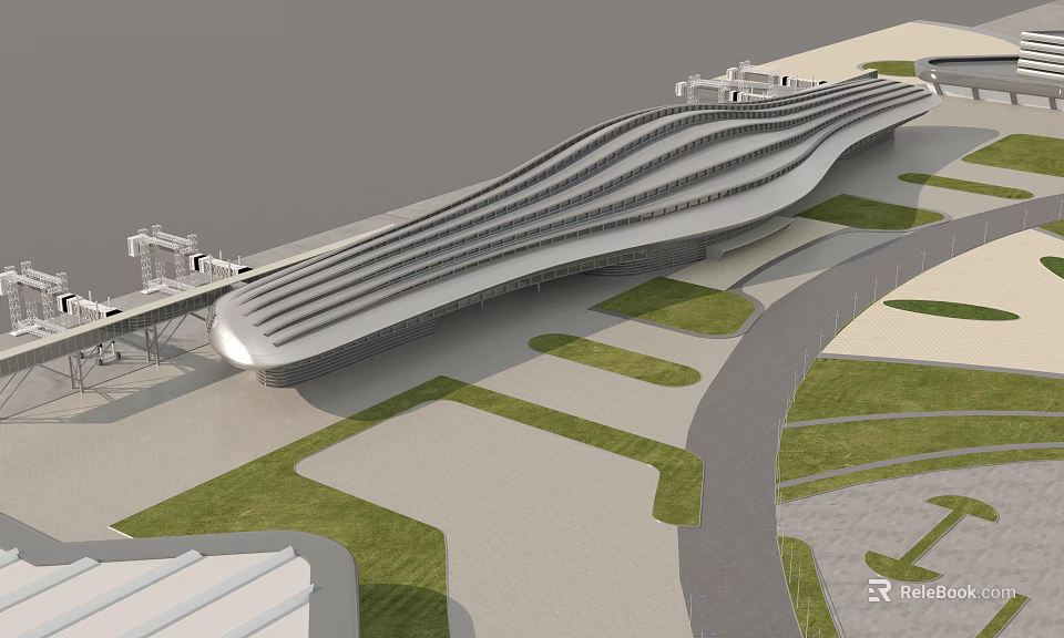 Modern Streamlined Terminal Building Design With Green Landscaping And Roadway Surroundings 3d model 